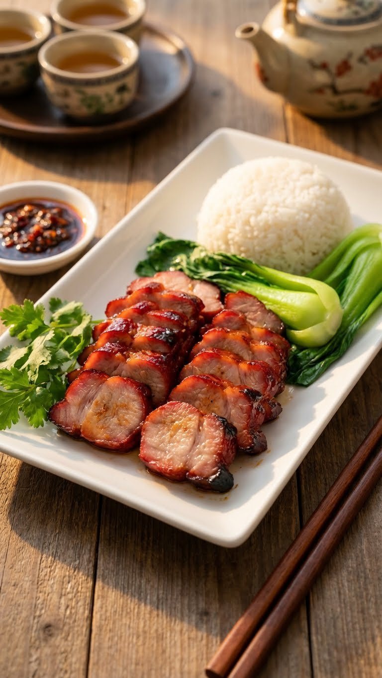 Perfectly Glazed Instant Pot Char Siu Pork, Bright Red And Tender With Bok Choy And White Rice.