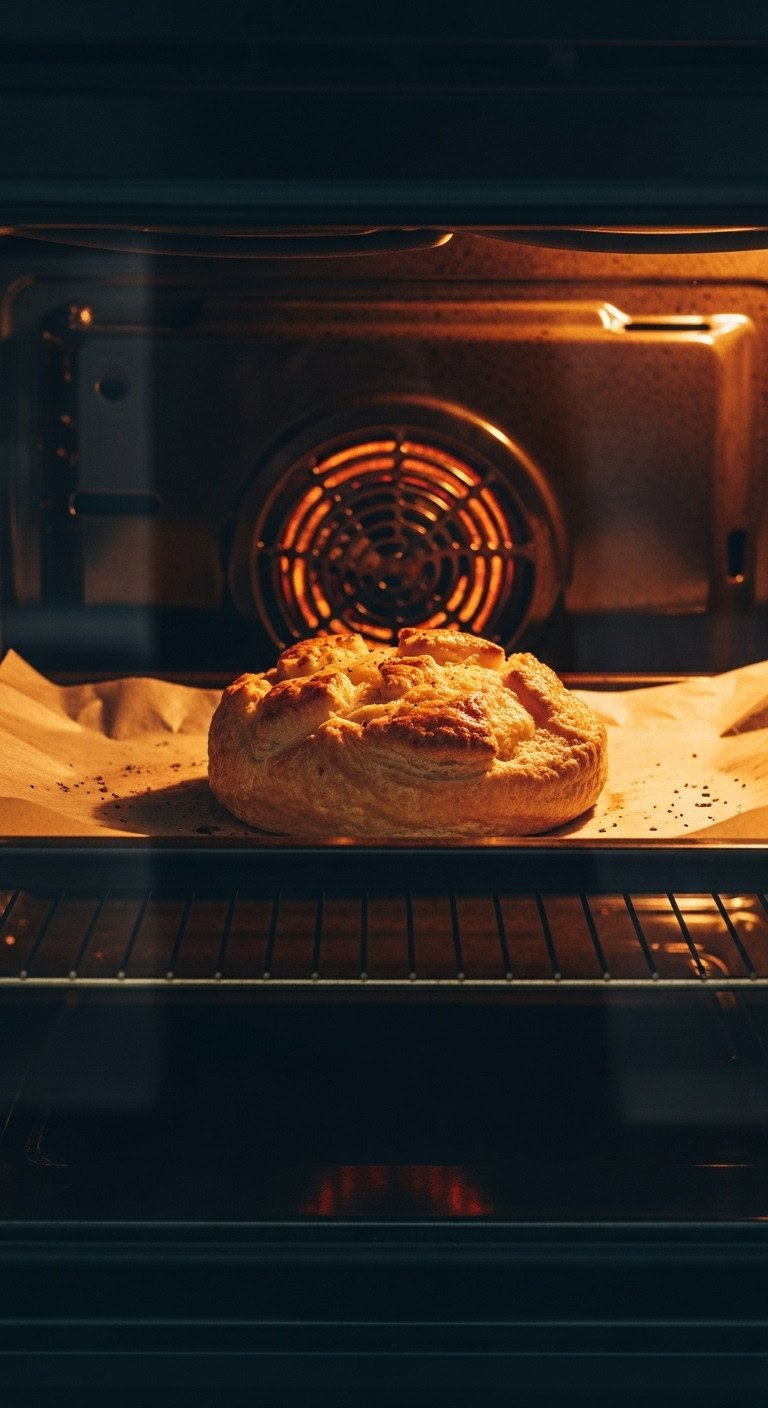 Perfectly Golden-Brown Baked Brie En Croûte, Puffed Pastry On A Sheet, Glowing In A Hot Oven During The Baking Process.
