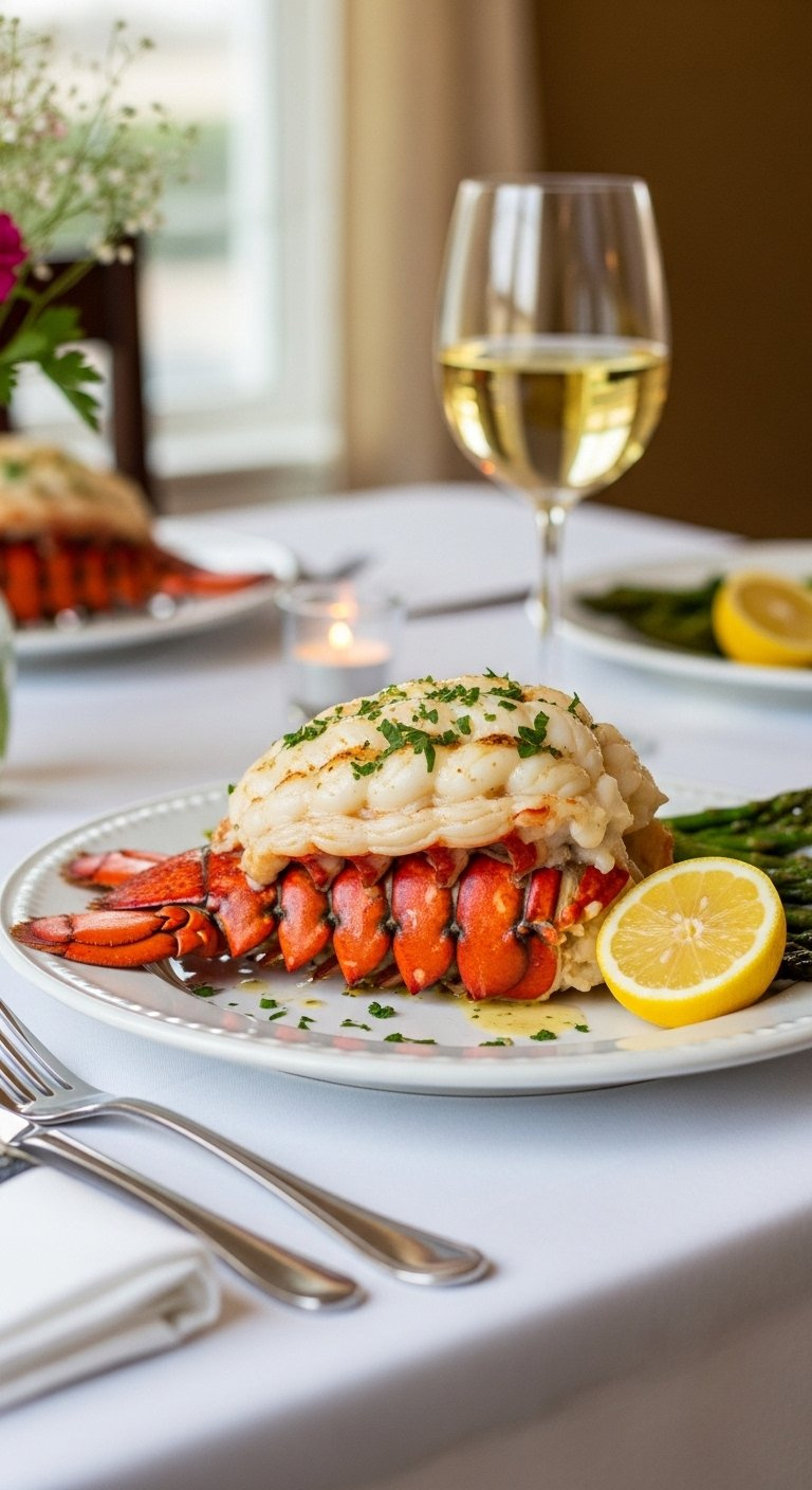 Perfectly Grilled Butterflied Lobster Tail On A White Plate Garnished With Parsley And Lemon, Glistening With Butter Sauce.