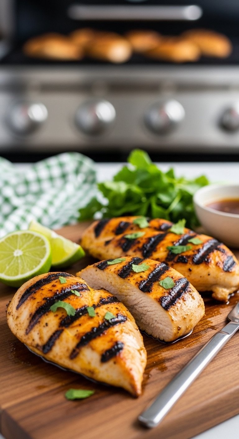Perfectly Grilled Honey Lime Chicken Breast Halves Glistening With Vibrant Marinade On A Rustic Wooden Cutting Board.