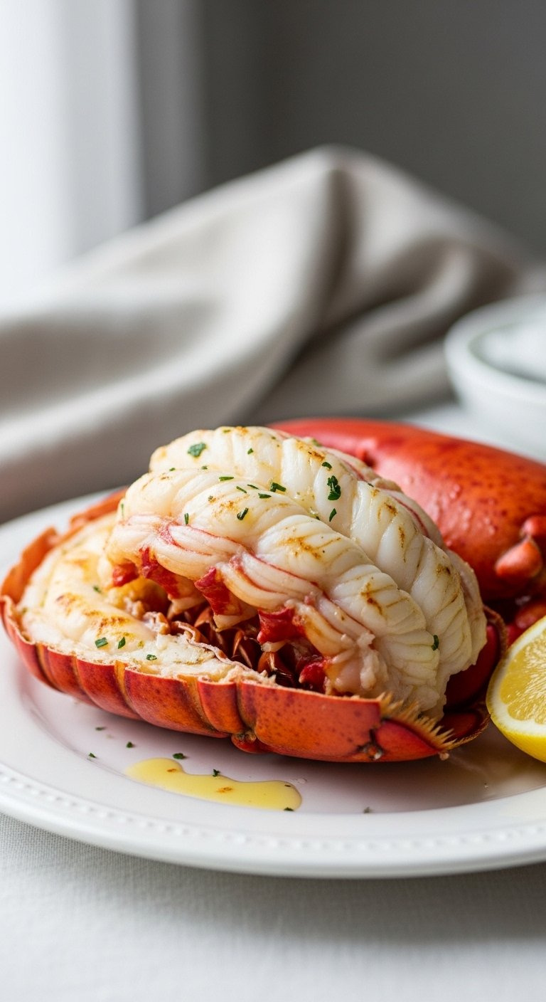 Perfectly Grilled Lobster Tail Revealing Juicy White Meat Inside A Vibrant Red Shell On A White Ceramic Plate.