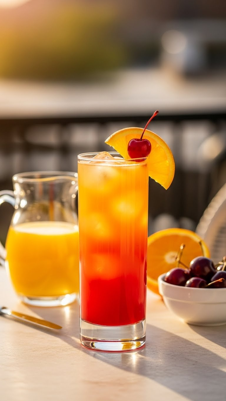Perfectly Layered Tequila Sunrise Cocktail In Highball Glass With Orange Slice Garnish On Patio Table.