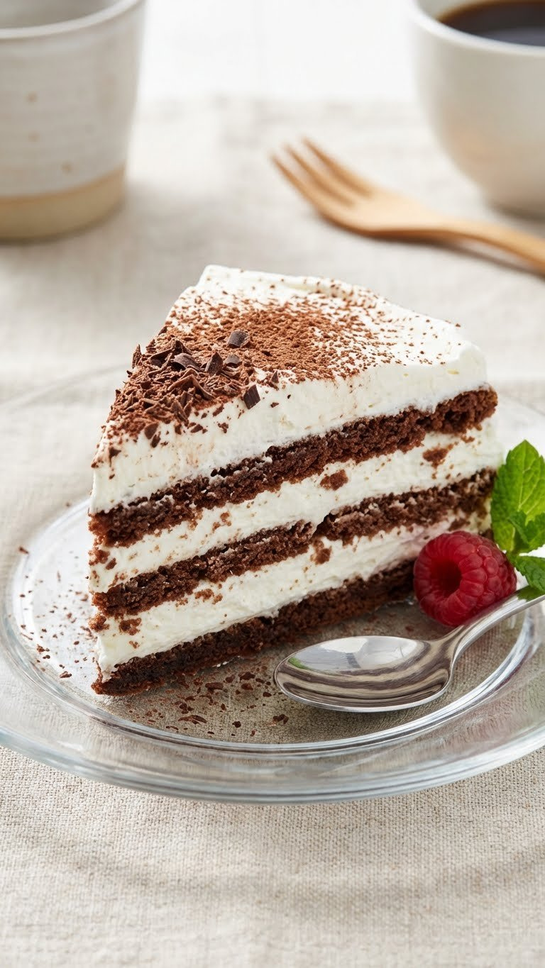 Perfectly Layered No-Bake Icebox Cake Slice With Dark Chocolate Wafers, Whipped Cream, And Cocoa Dusting On A Glass Plate.