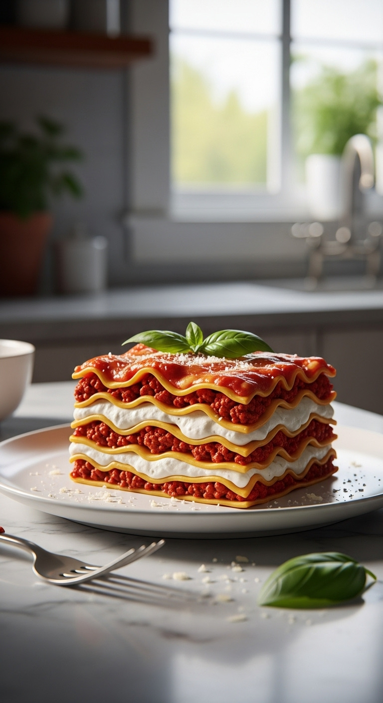 Perfectly Layered Slice Of Lasagna With Meat Sauce Cheese Filling And Golden Crust On A White Plate
