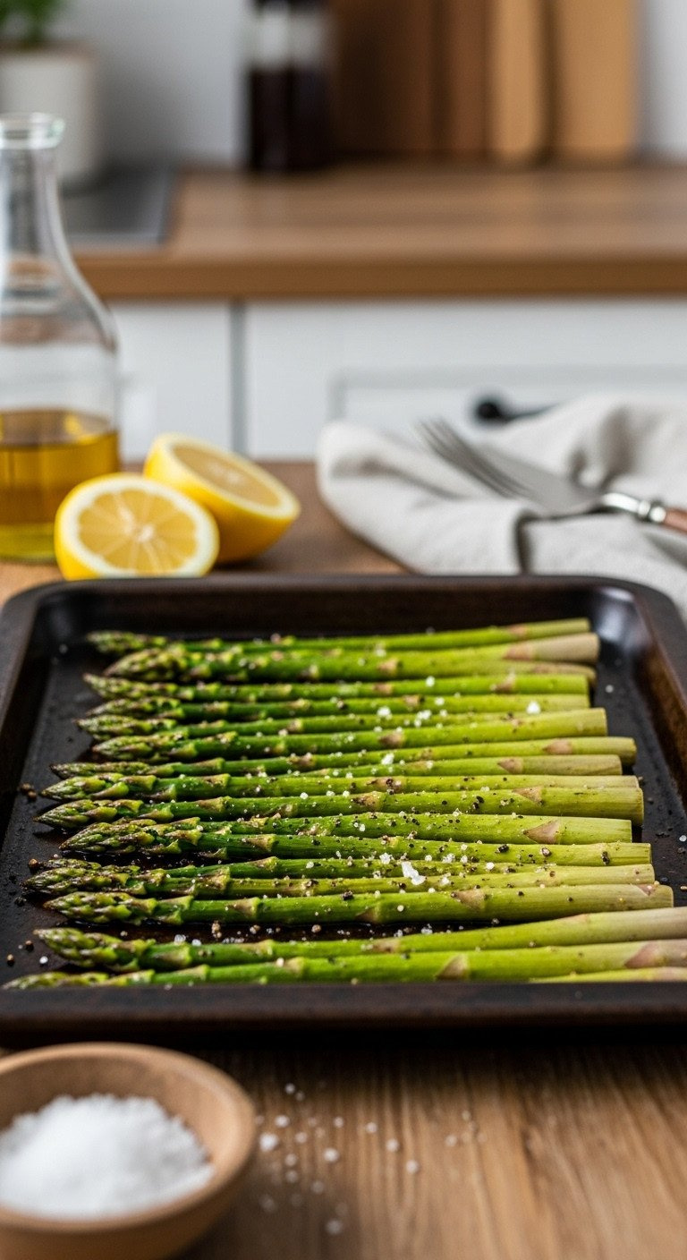 Perfectly Oven-Roasted Asparagus Spears Seasoned With Salt And Pepper On A Dark Baking Sheet Next To A Halved Lemon.