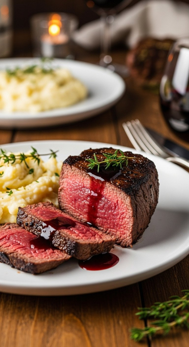 Perfectly Pan-Seared Filet Mignon, Medium-Rare, With Rich Red Wine Reduction, Creamy Garlic Mashed Potatoes, And Fresh Thyme Garnish.