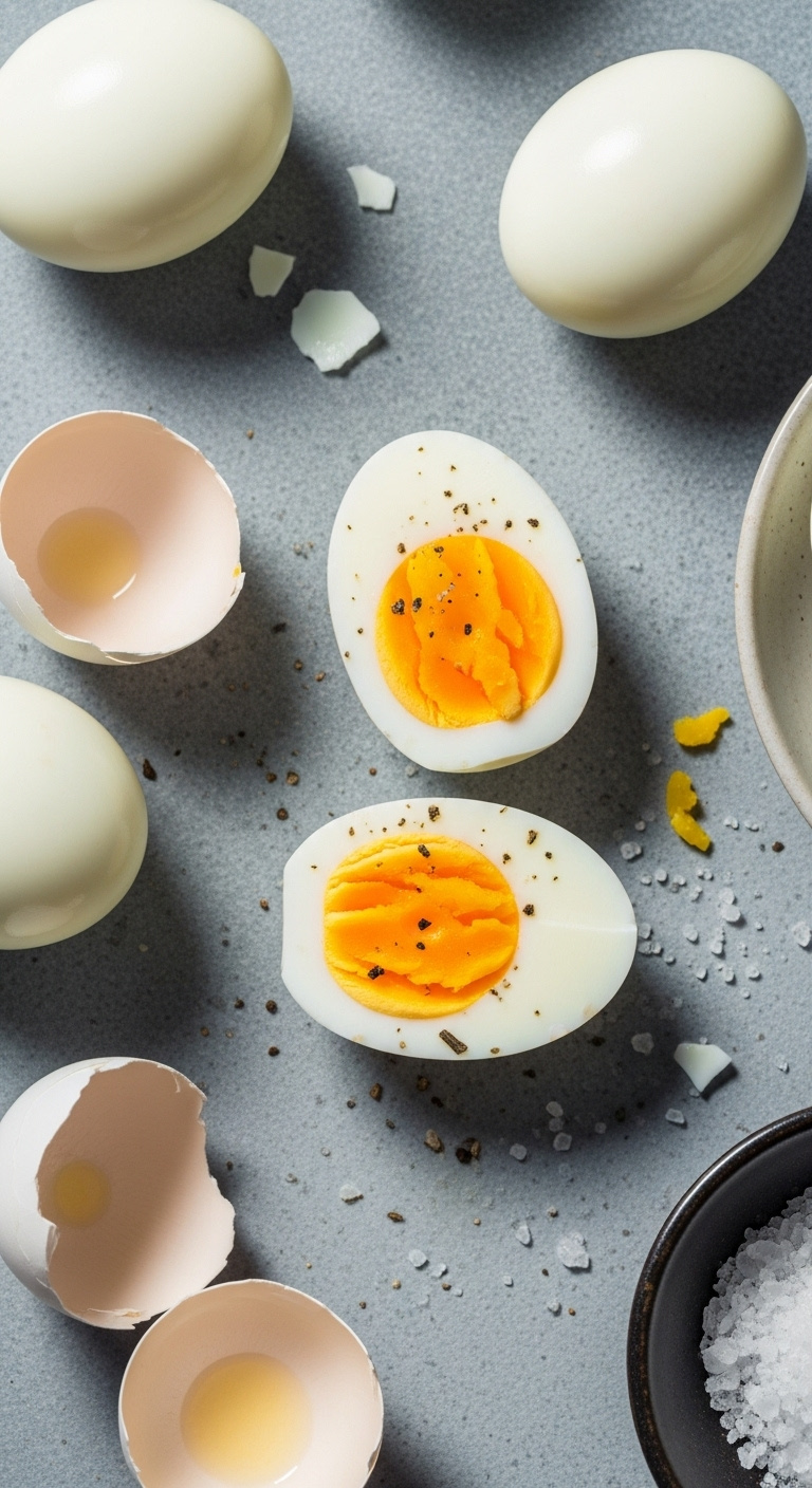 Perfectly Peeled Air Fried Hard Boiled Eggs With Bright Yellow Yolks On A Slate Background With Sea Salt