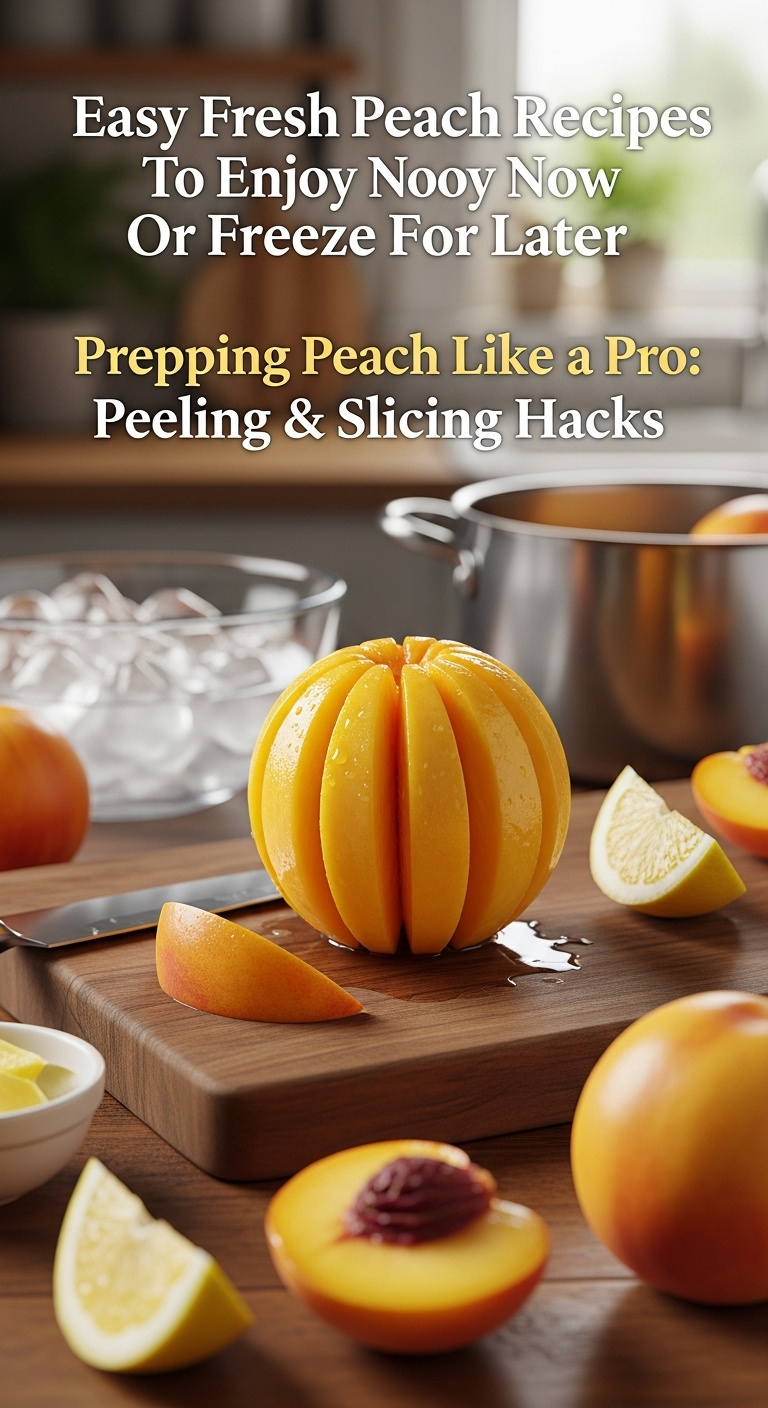 Perfectly Peeled Sliced Peach Half On Cutting Board With Blurred Kitchen Background And Blanching Hint