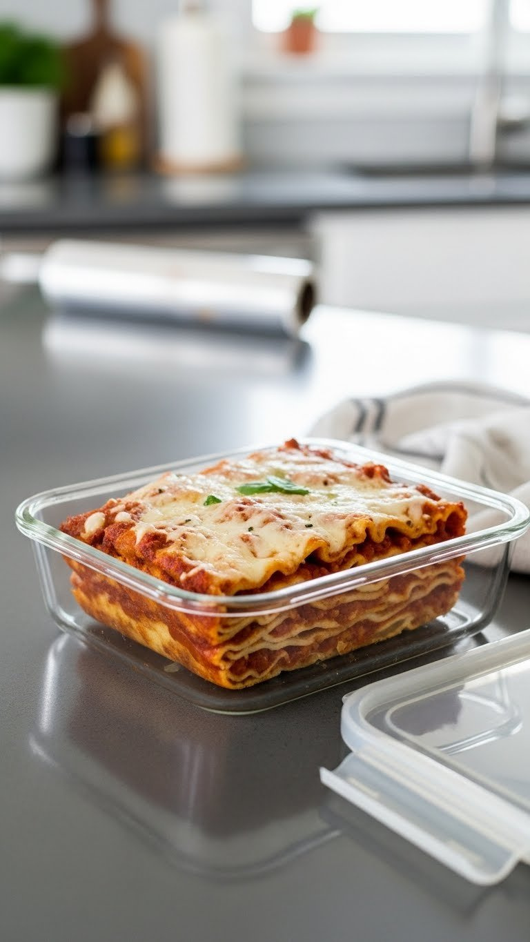 Perfectly Portioned Slice Of Baked Ziti In Glass Meal Prep Container Showing Distinct Layers And Cheese Topping.