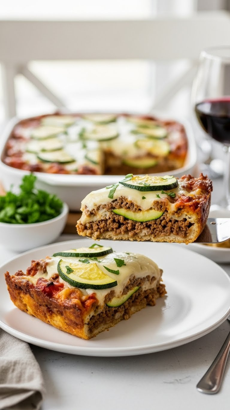 Perfectly Portioned Slice Of Zucchini Ground Beef Bake Served On A White Plate With Fresh Herbs