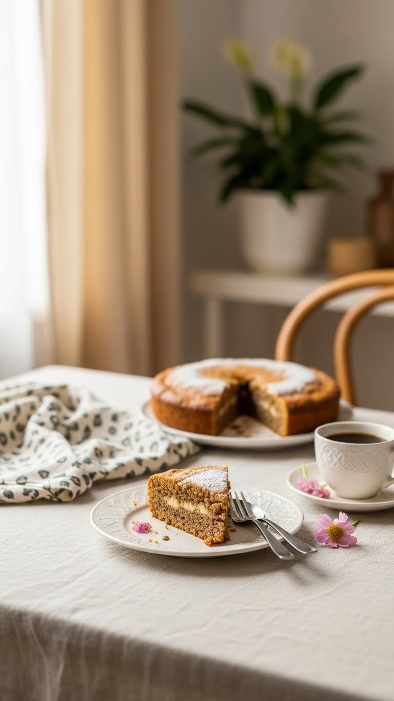 Perfectly Portioned Small Slice Of Healthy Cake On Dainty Plate With Elegant Utensils And Coffee Cup On Linen Tablecloth