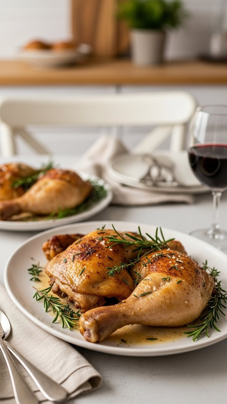 Perfectly Rested Golden-Brown Chicken Leg Quarters On White Ceramic Platter With Fresh Herb Garnish