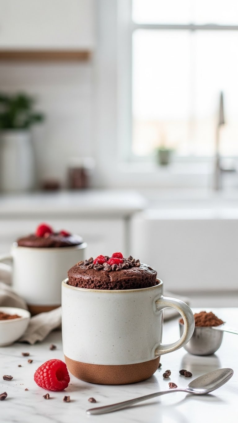 Perfectly Risen High-Protein Chocolate Mug Cake In Ceramic Mug On Marble Countertop With Daylight Illumination