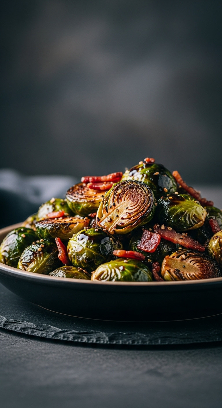 Perfectly Roasted Brussels Sprouts Glistening With Balsamic Glaze And Crispy Bacon Bits In A Dark Ceramic Serving Bowl.