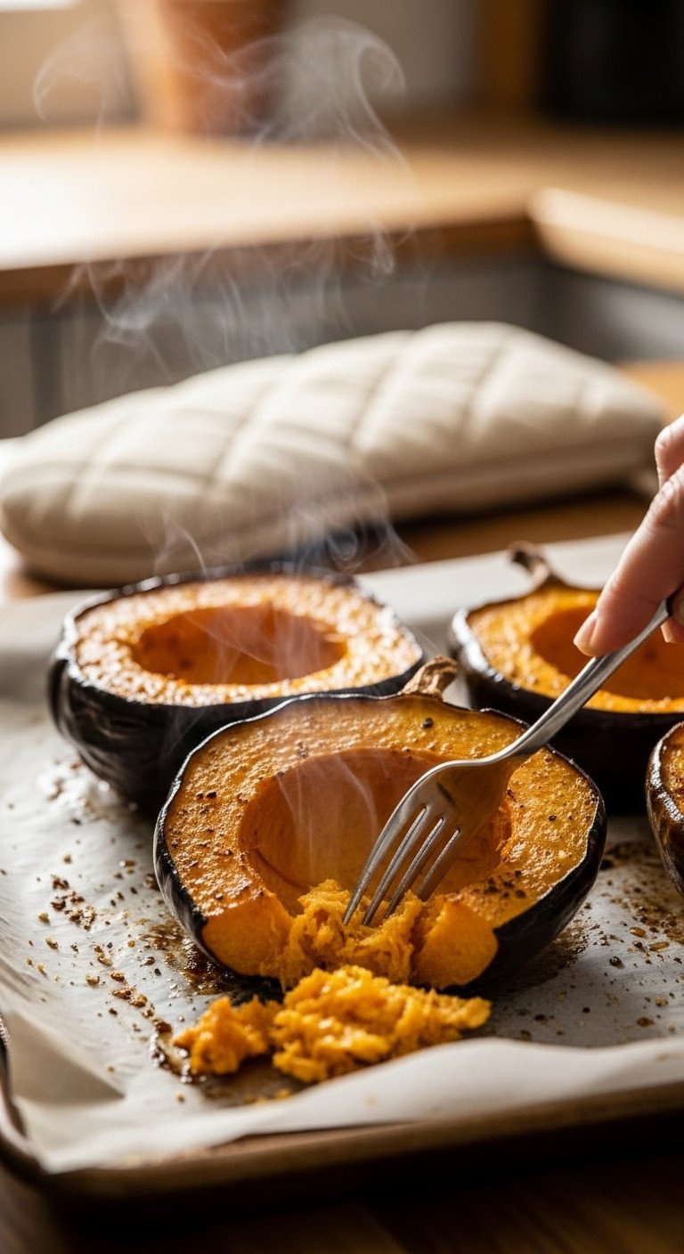 Perfectly Roasted Acorn Squash Half With Caramelized Edges, Fork Piercing Tender Flesh On Baking Sheet, Ready To Eat.