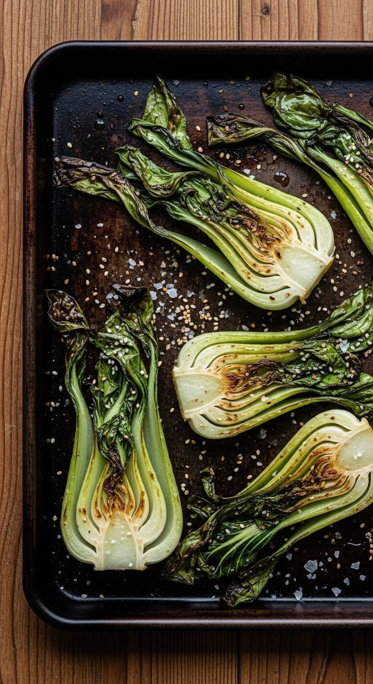 Perfectly Roasted Baby Bok Choy Halves With Caramelized Edges And Sesame Seeds On A Rustic Baking Sheet. A Simple, Healthy Side Dish.