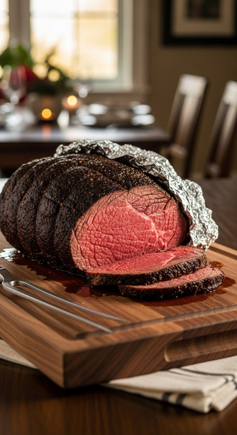 Perfectly Roasted Beef With Dark Crust, Resting Under Foil On A Wooden Carving Board, Ready For Carving.