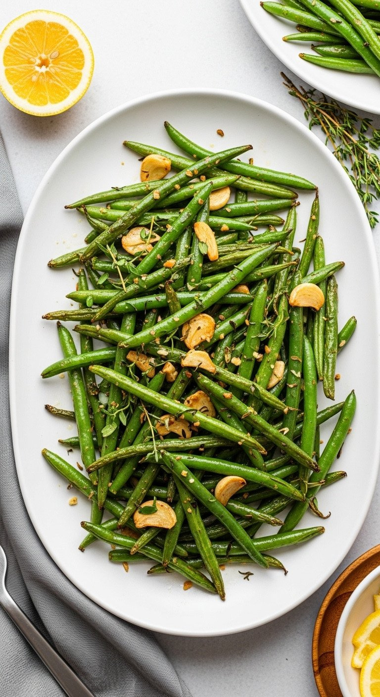 Perfectly Roasted Garlic And Herb Green Beans On A White Platter, Garnished With Lemon And Fresh Thyme Sprigs.