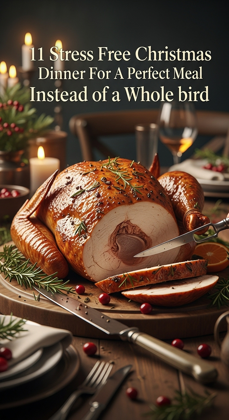 Perfectly Roasted Golden Brown Turkey Crown Glazed With Herbs And Orange On A Rustic Carving Board With Rosemary And Cranberries