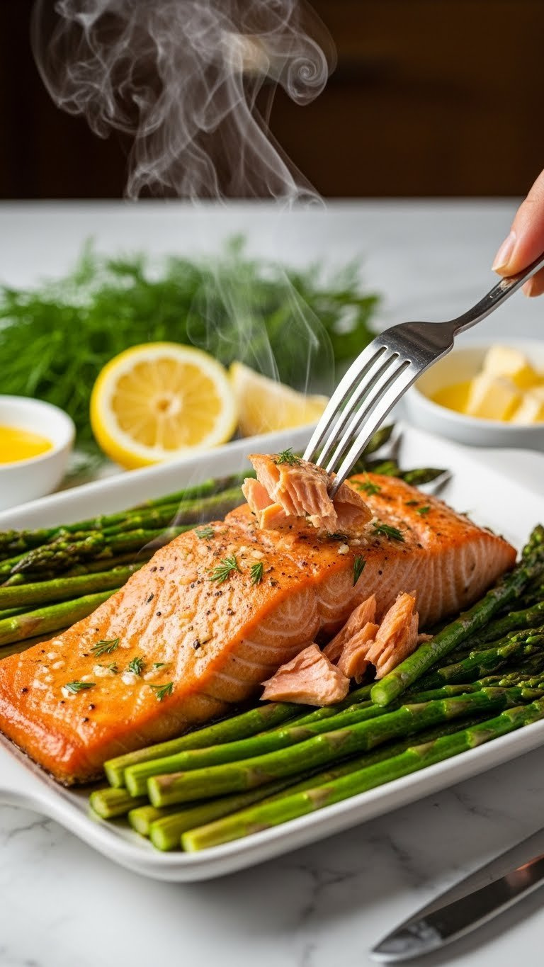 Perfectly Roasted Salmon Fillets Flaking With Fork, Surrounded By Tender Asparagus Spears Glistening With Garlic Butter Sauce