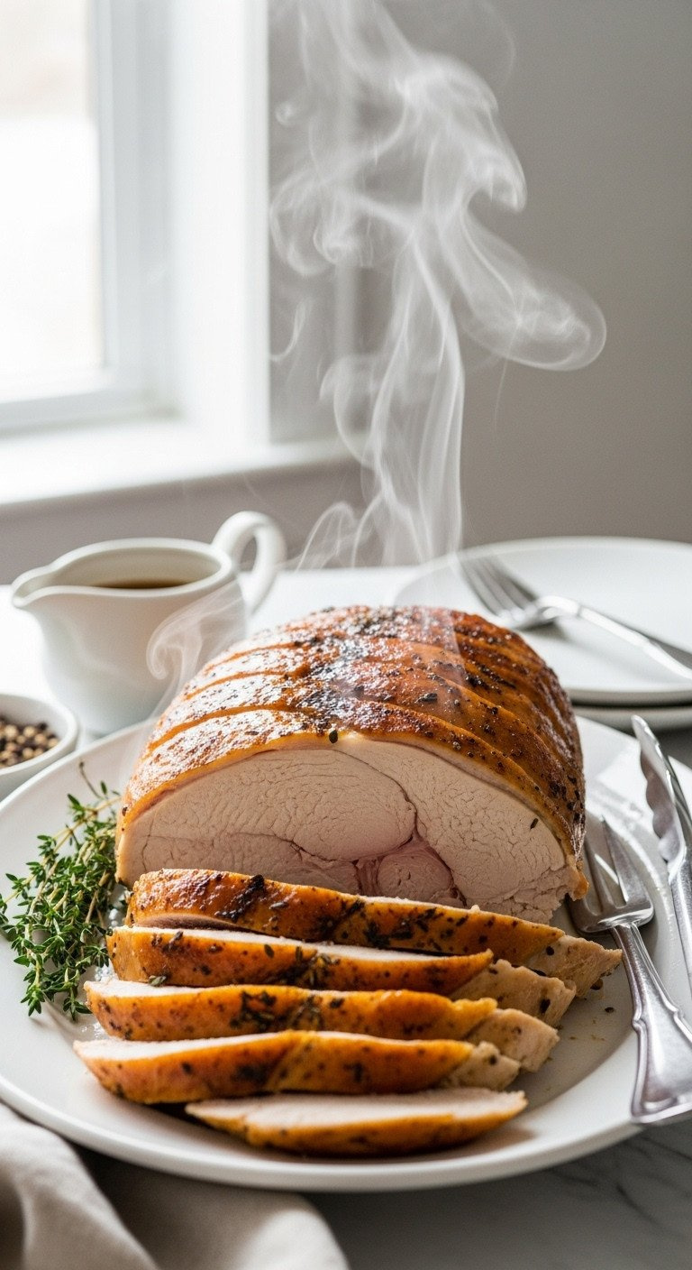 Perfectly Roasted, Sliced Golden-Brown Turkey Breast, Steaming On A White Platter With Fresh Thyme. Bright, Inviting Holiday Meal.