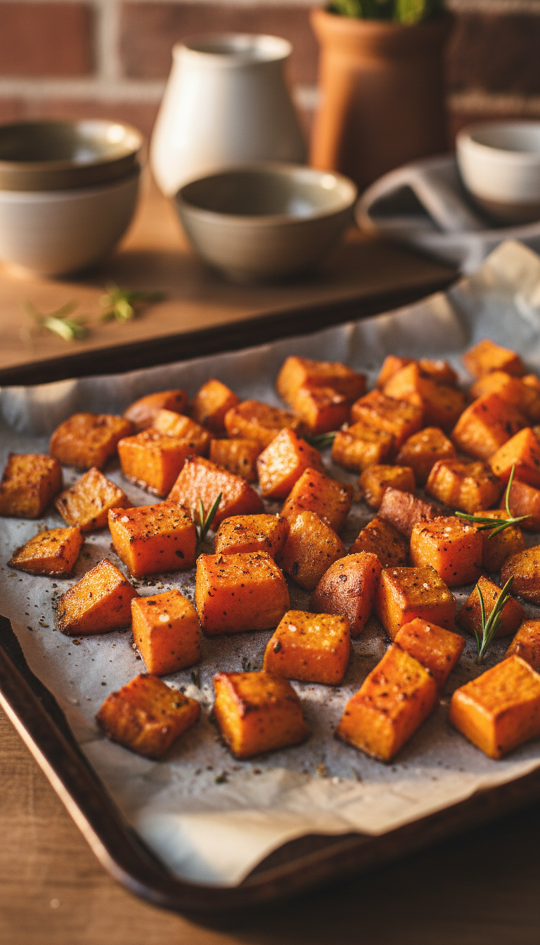 Perfectly Roasted Sweet Potato Cubes Glistening With Olive Oil And Spices On A Rustic Baking Sheet.