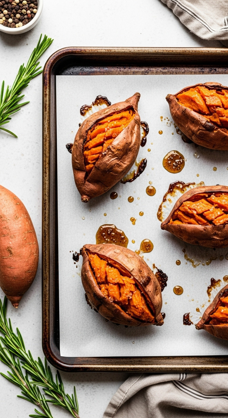 Perfectly Roasted Sweet Potatoes With Caramelized Sugars On A Parchment-Lined Metal Baking Sheet, With Rosemary And Raw Potato.