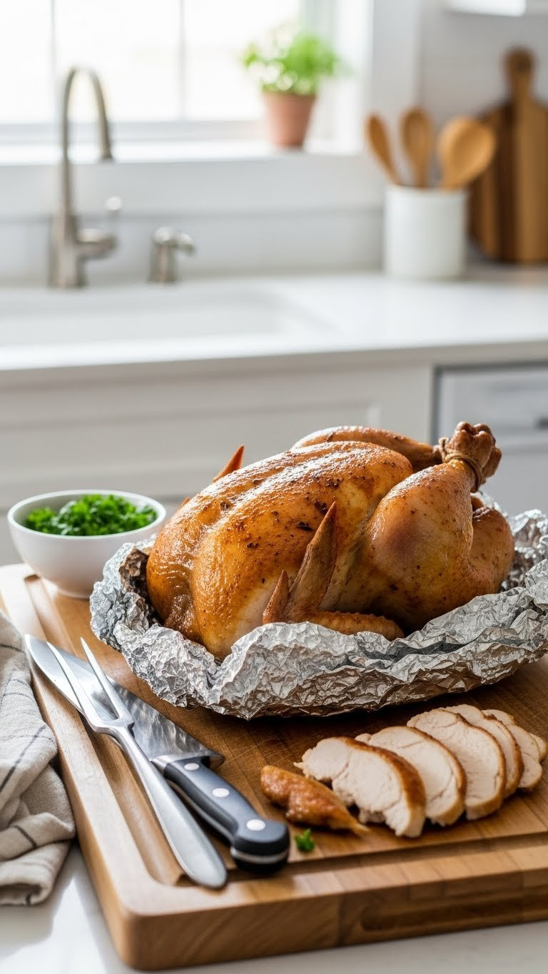 Perfectly Roasted Whole Chicken Resting On Carving Board With Chef's Knife And Carving Fork Nearby