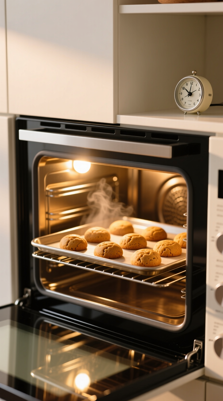 Perfectly Round Cookies Baking On A Sheet In A Clean, Modern Oven, Illuminated By Warm Internal Light, Home Baking.