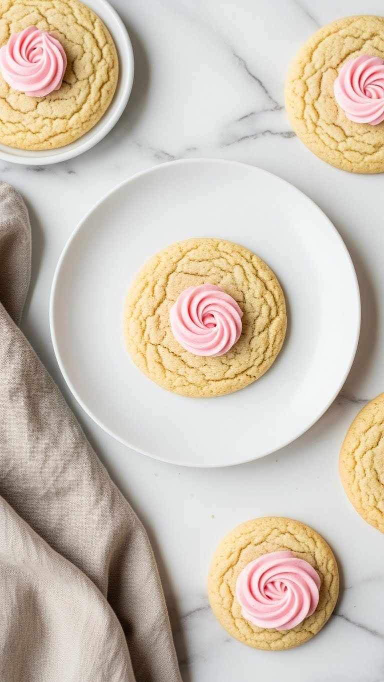 Perfectly Round Golden Brown Sugar Cookie With Pink Icing Swirl On White Ceramic Plate With Minimalist Flat Lay