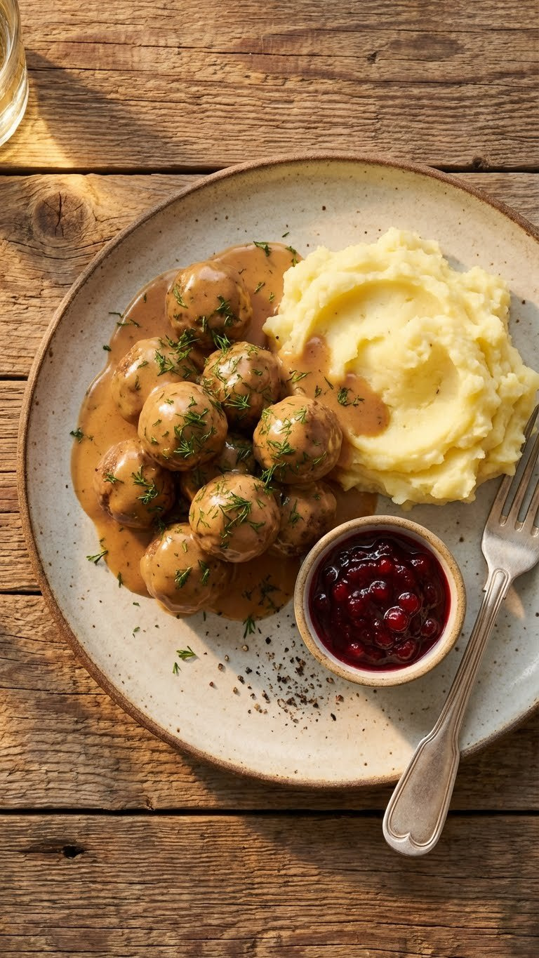 Perfectly Round Instant Pot Swedish Meatballs In Creamy Gravy With Dill, Mashed Potatoes, And Lingonberry Jam.