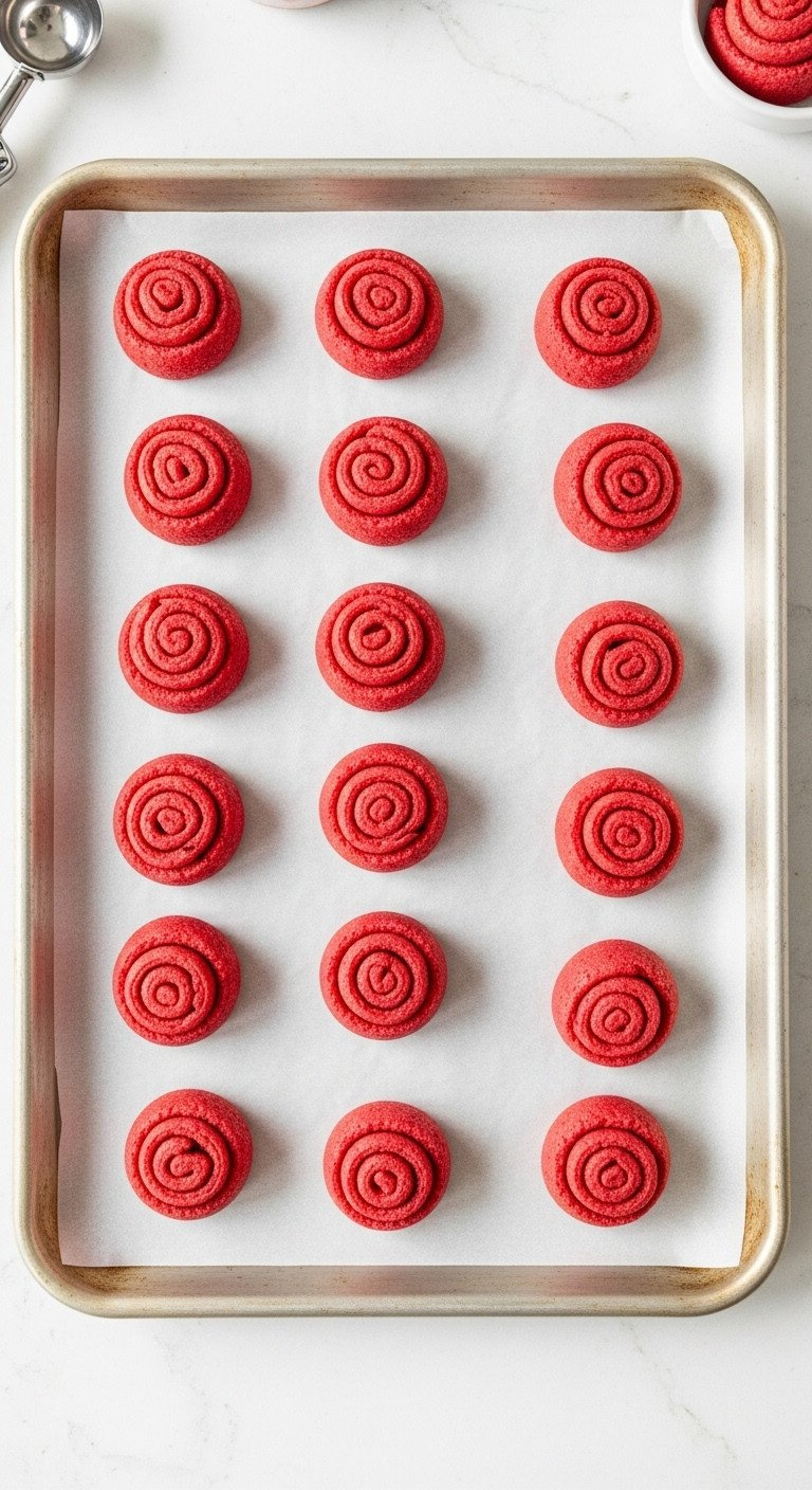Perfectly Round Red Velvet Cake Balls Symmetrically Arranged On A Parchment-Lined Baking Sheet, Ready For Frosting. Dessert Prep.