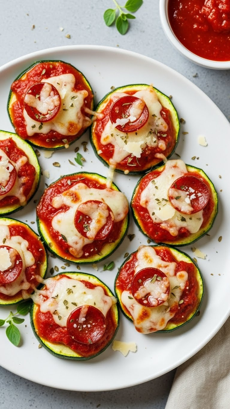 Perfectly Round Zucchini Pizza Bites Topped With Melted Mozzarella, Mini Pepperoni, And Marinara Sauce On White Ceramic Platter