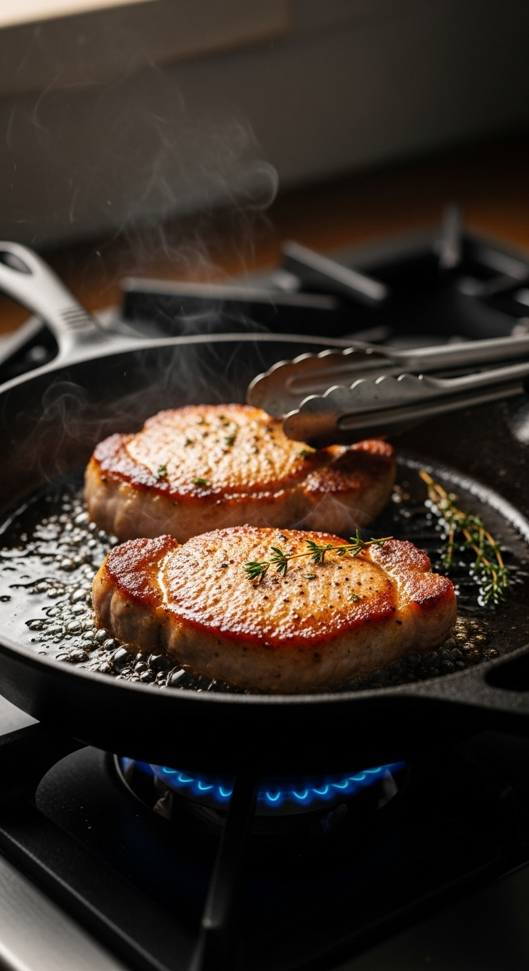 Perfectly Seared Boneless Pork Chops Sizzling In A Black Cast-Iron Skillet With Bubbling Oil And Tongs On A Gas Stove