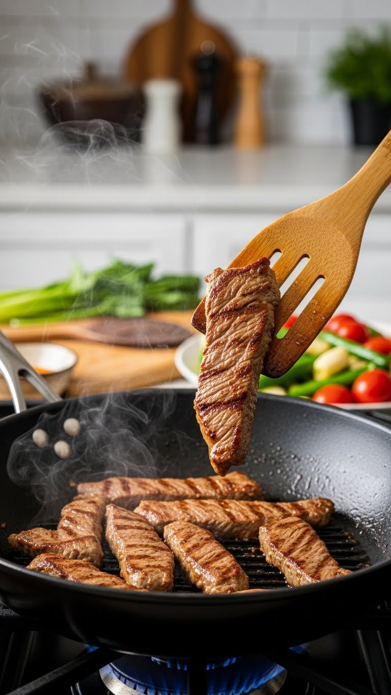 Perfectly Seared Golden-Brown Beef Strips Cooking In Hot Wok After Velveting Technique Process