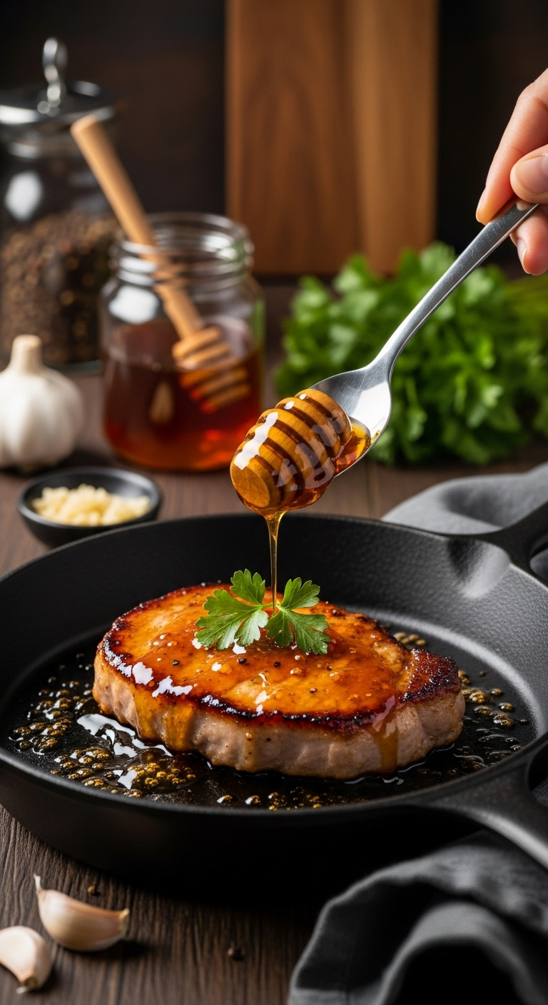 Perfectly Seared Pork Chop With Bubbling Honey Garlic Glaze In A Cast-Iron Skillet, Garnished With Fresh Parsley On A Dark Wood Surface.