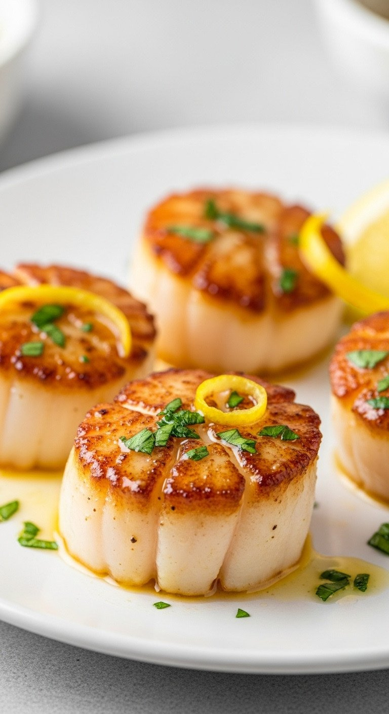 Perfectly Seared Sea Scallops With Golden-Brown Crust, Lemon Butter Sauce, And Fresh Parsley On A White Plate.