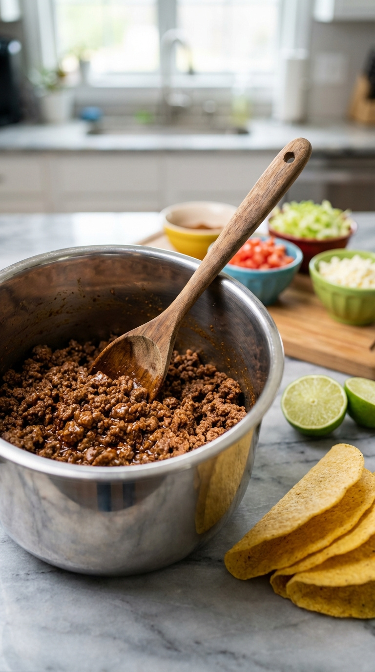 Perfectly Seasoned Instant Pot Taco Meat In Stainless Steel Liner With Wooden Spoon And Taco Toppings.
