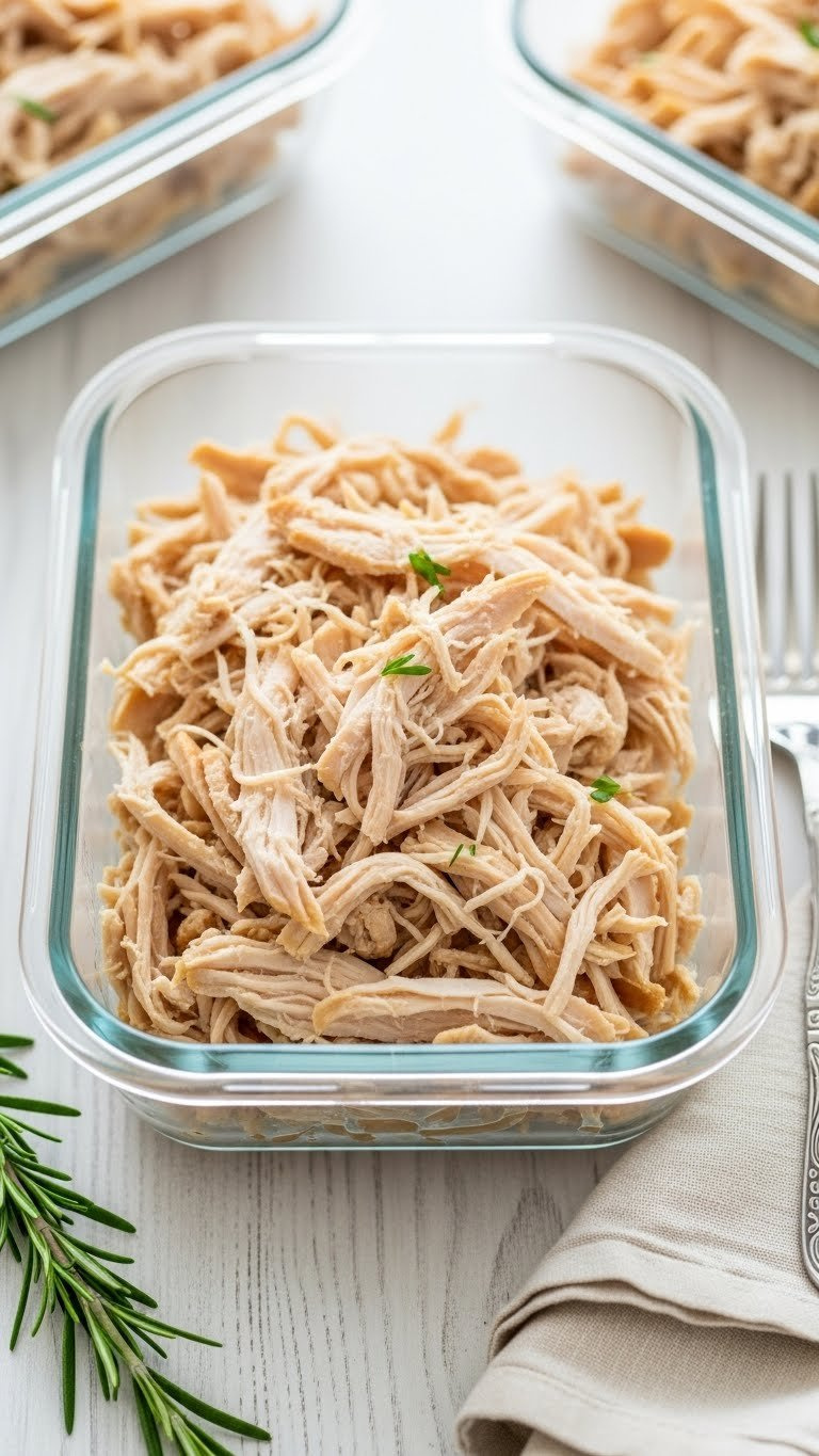 Perfectly Shredded Instant Pot Chicken Breast In A Glass Meal Prep Container With Rosemary On A Wooden Table, Ideal For Healthy Meal Prep.
