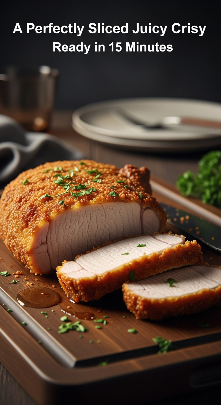Perfectly Sliced Air Fryer Pork Chop Revealing Juicy Interior And Crispy Crust On A Rustic Cutting Board With Chef Knife And Parsley