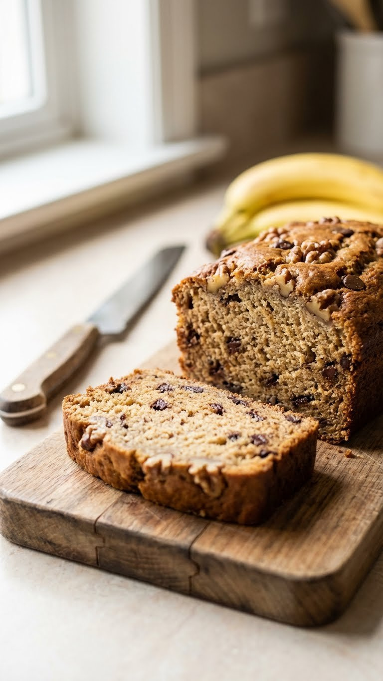 Perfectly Sliced, Golden-Brown Moist Vegan Banana Bread With Banana Specks On A Rustic Cutting Board And Whole Bananas.