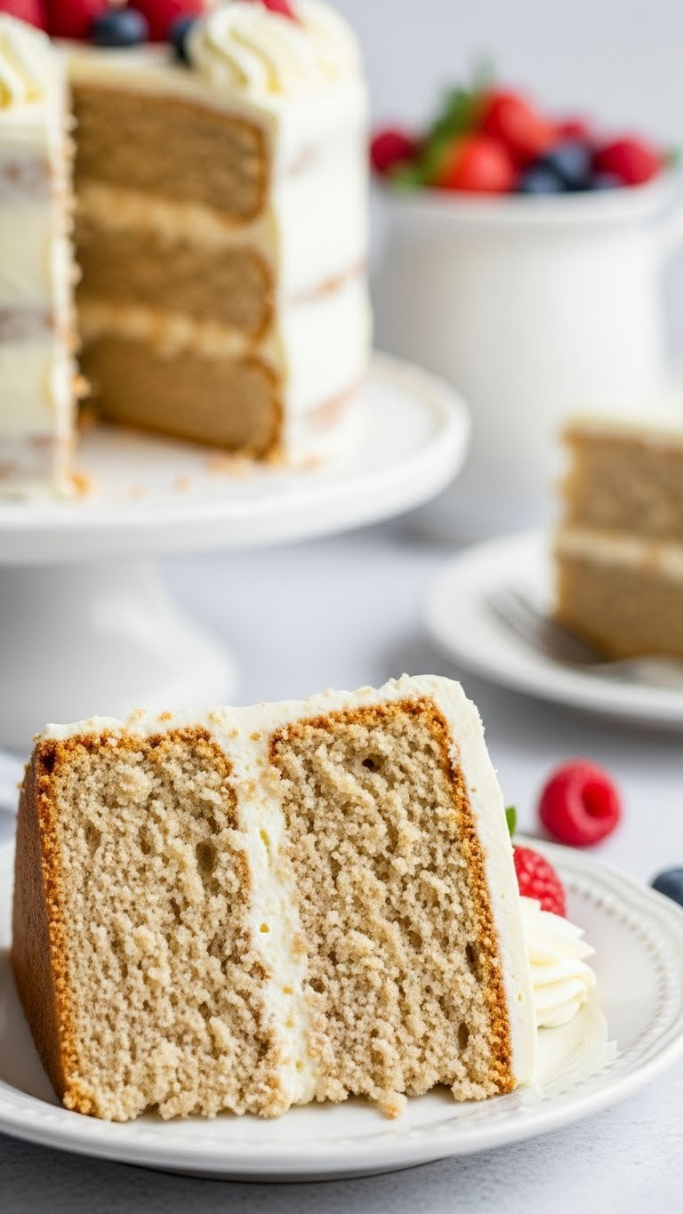 Perfectly Sliced Layer Cake, Revealing Moist, Fine-Crumb Interior On A White Plate With Fresh Berries. Elegant, Egg-Free Dessert.