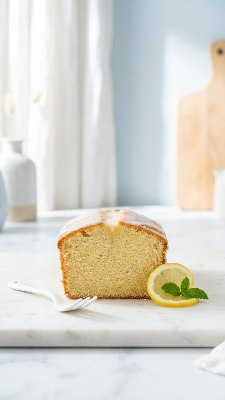 Perfectly Sliced Lemon Pound Cake With White Glaze On White Marble, Garnished With Lemon Slice And Fork, Bright Daylight.