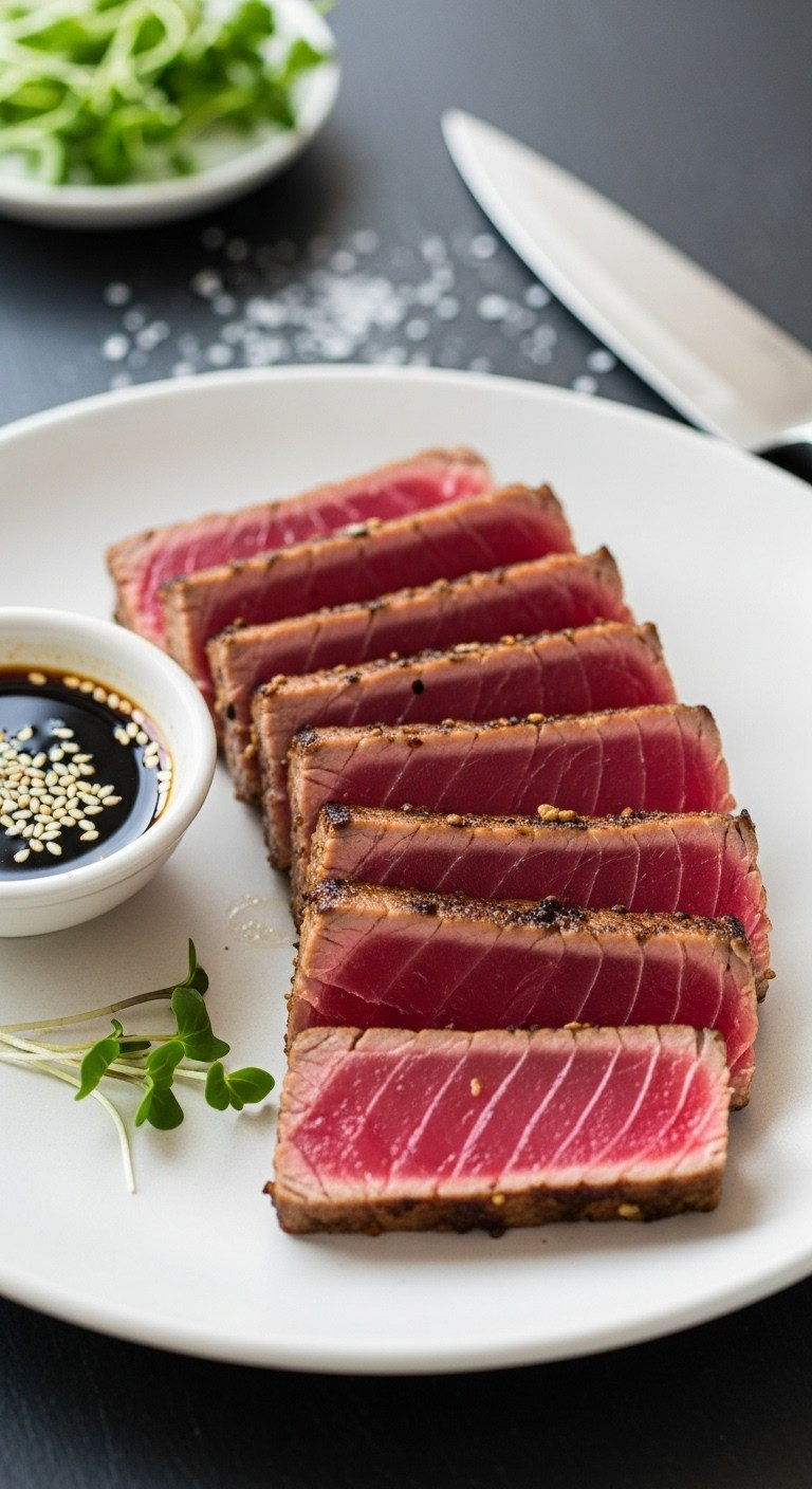 Perfectly Sliced Medium-Rare Tuna Steak Strips With Pink Center, Soy-Ginger Sauce, Sesame Seeds On A White Plate.