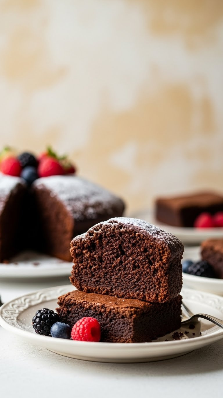 Perfectly Sliced Moist Vegan Chocolate Cake And Fudgy Brownie On A Ceramic Plate, Highlighting Rich, Dense Texture.