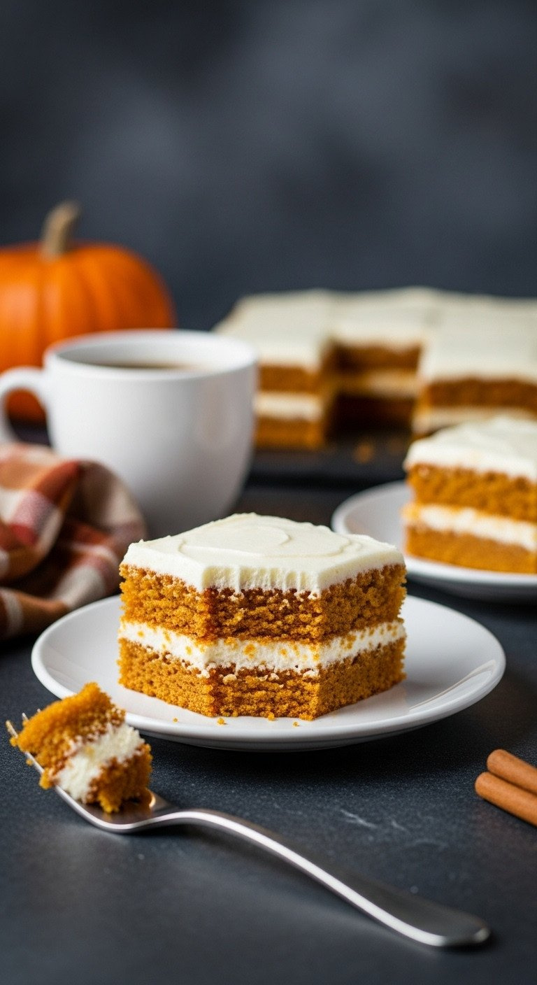 Perfectly Sliced Pumpkin Bar With Orange Cake And White Frosting On A White Plate, Fork With Bite, On A Dark Stone Surface.