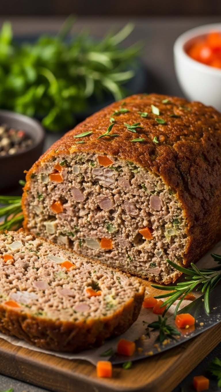 Perfectly Sliced Savory Meatloaf With Cohesive Interior, No Eggs, On A Cutting Board With Herbs.