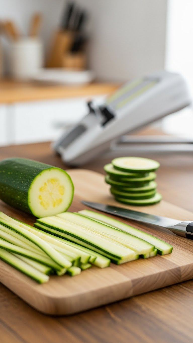 Perfectly Sliced Zucchini Strips Arranged On A Wooden Cutting Board With A Mandoline Slicer Visible In The Background