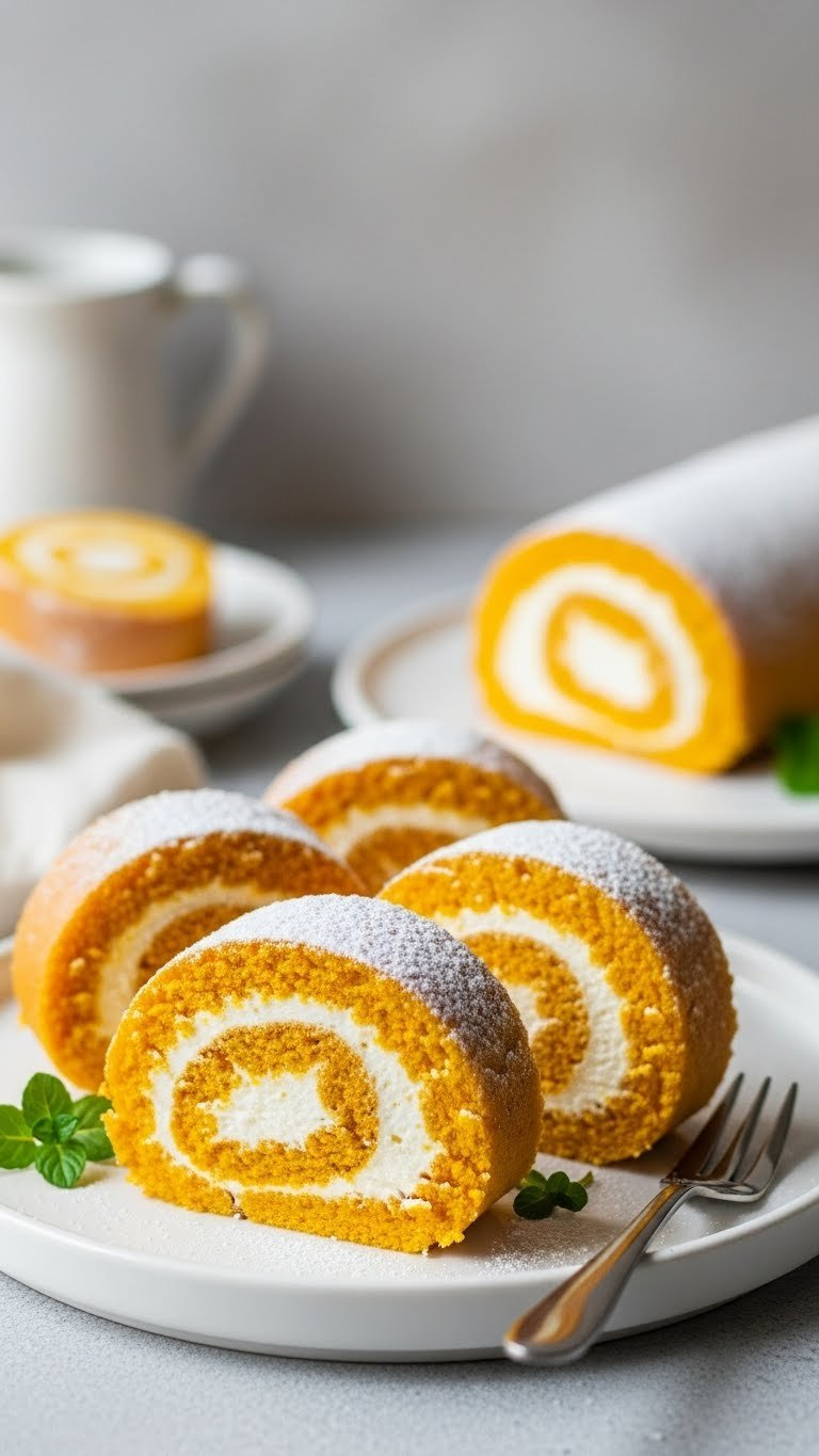 Perfectly Swirled Pumpkin Roll Slices With Cream Cheese Filling On White Ceramic Plate