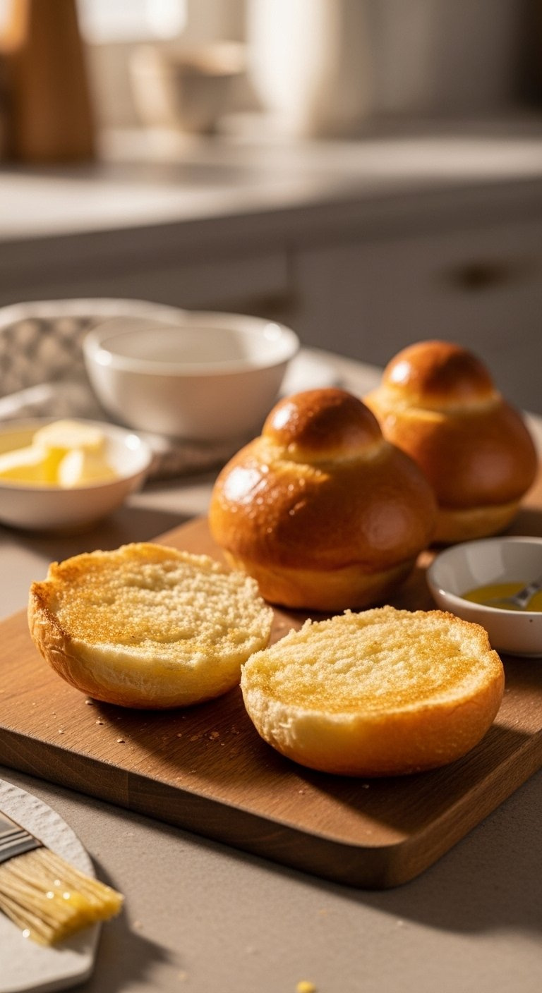 Perfectly Toasted Brioche Buns Split Open On A Wooden Cutting Board With Melted Butter.